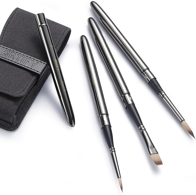 Artify Travel Watercolor Brushes, Outdoor Paint Brushes, Water Color Paint Brush Set with Anti-Rust Polished Metallic Gray Finish, Painting Brushes for Watercolor Gouache Ink - Gift for Artist (4PCS)