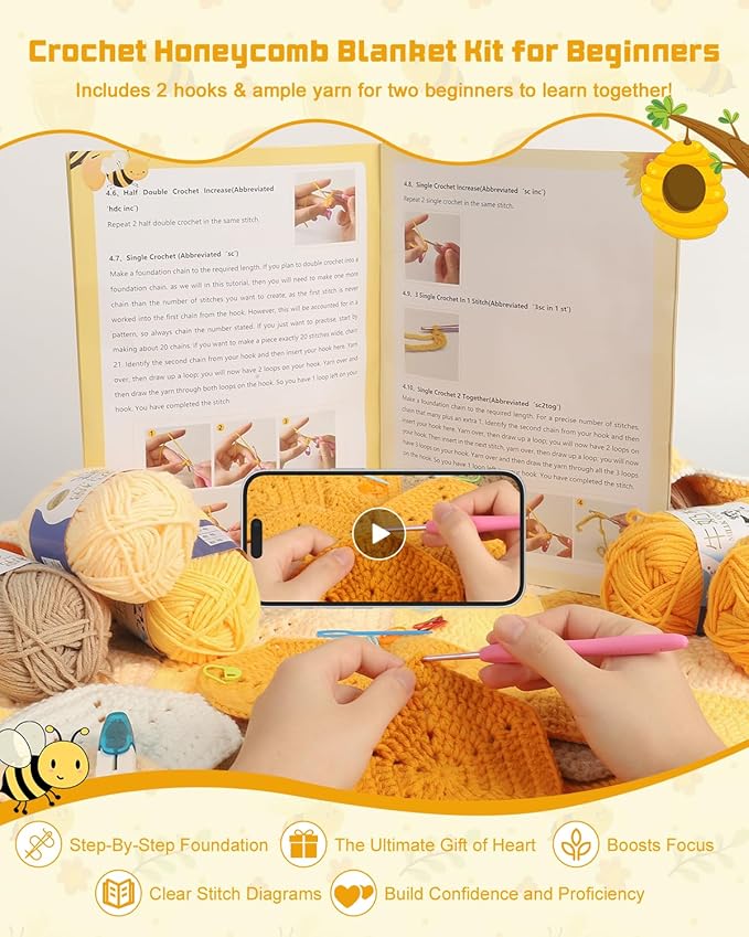 Arborthread Crochet Blanket Kit for Beginners, Honeycomb Beginner Knitting Kit w/Step-by-Step Video & Instructions for Adults & Kids