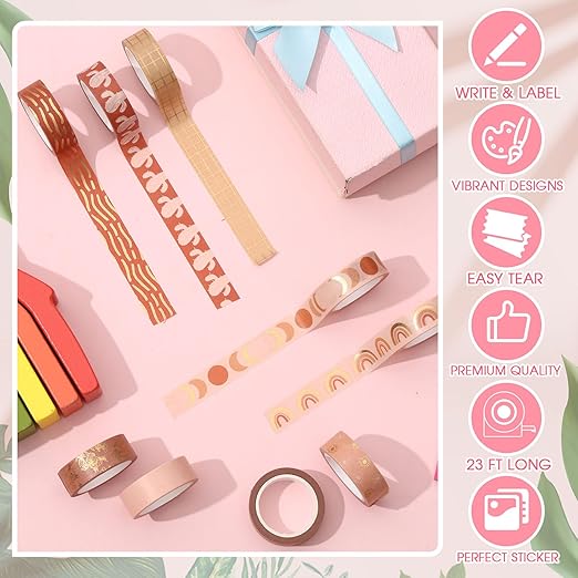 Henoyso 16 Rolls Cute Washi Tape Set Pastel Decorative Tape 15 mm Wide 7 Meters Long Washi Tape Stickers Cute Tape Bulk for Arts DIY Crafts Journal Supplies Planners Scrapbook Gift Wrap(Boho Style)