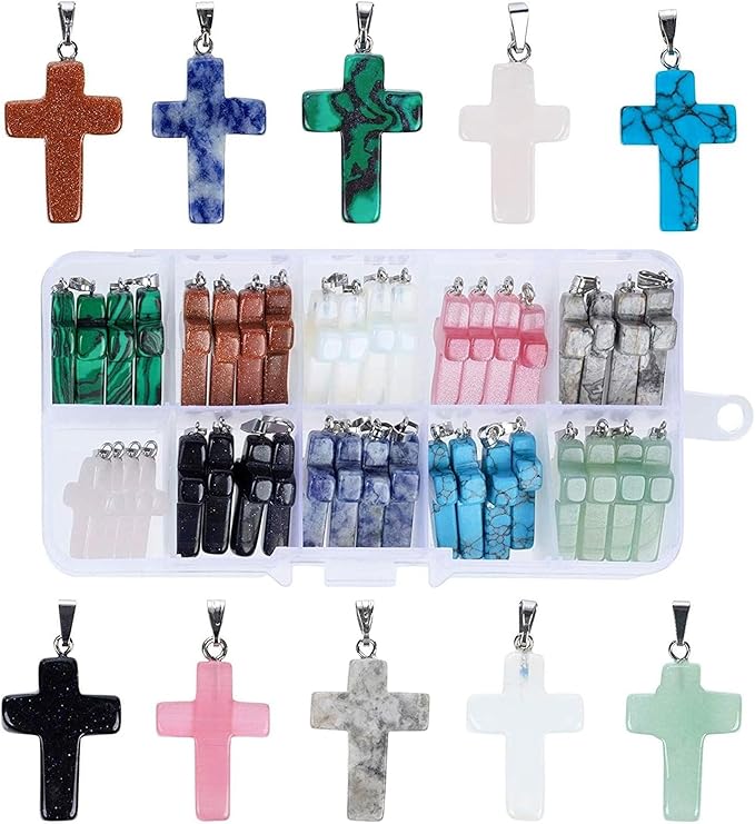 Cross Charms for Jewelry Making Kit - 40-Piece Assorted Gemstone Cross Charms, 10 Colors - Storage Case & Pendant Bails, Keychain Making Kit