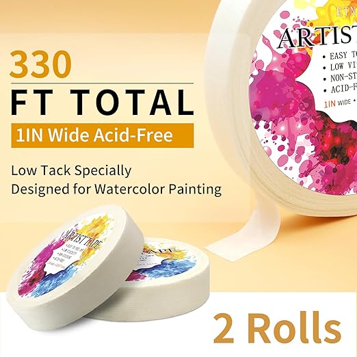 2 Packs White Artist Tape for Watercolor Paper Drafting Art Low Tack Masking Tape Acid Free Painter Watercolor Tape for Painting Canvas Framing, 1 inch Wide 330FT Long Total