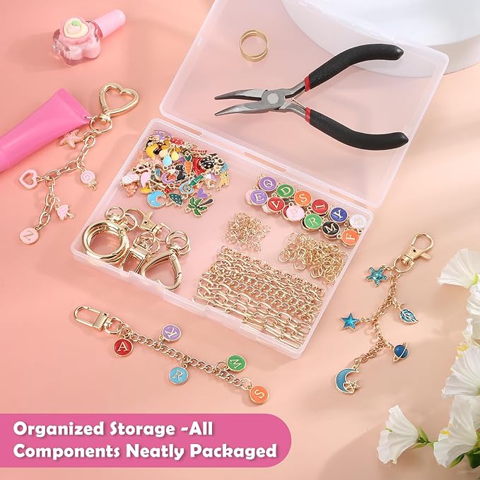 selizo 198Pcs Charms Lip Gloss Keychain Making Kit, DIY Craft Supplies with Charms, Key Chain Hooks, Jump Rings, Lobster Clasps, Chains & Tools, Jewelry Making Kit for Custom Keychains, Bags, Gifts