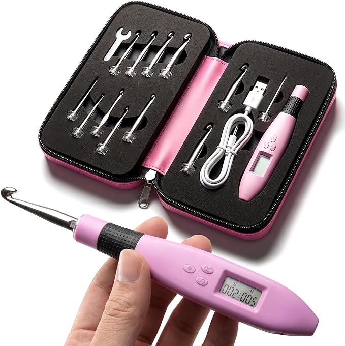 Counting Crochet Hook Set, 12-in-1 Light-Up Interchangeable Hooks with Digital Stitch/Row Counter (2.0–14.0 mm), Ergonomic Rechargeable Handle & Storage Case, Gift for Beginners & Experienced Crafters