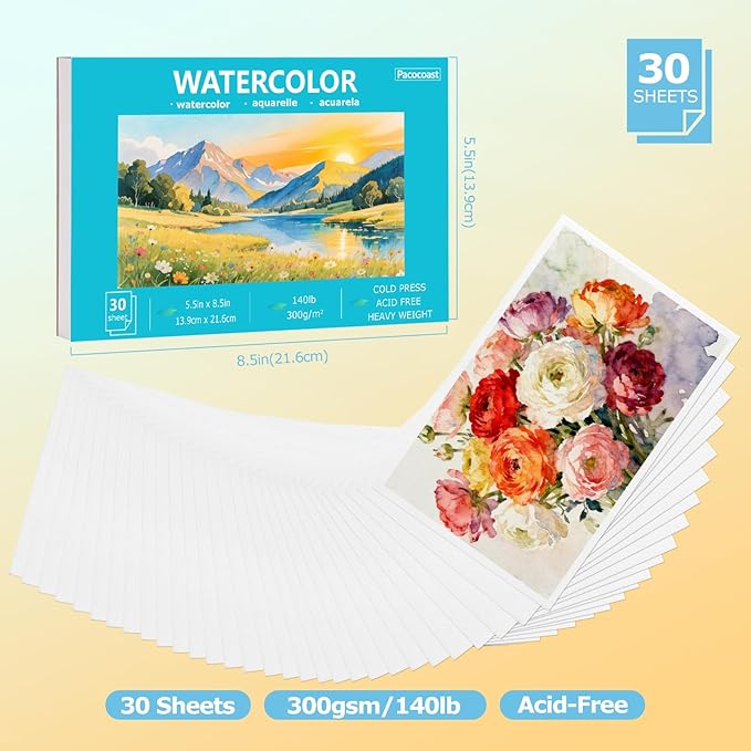 Pacocoast Water Color Paper Bulk, 5.5"x8.5" Art Sketch Book, Pack of 3 (90 Sheets), (140lb/300g) Artist Watercolor Drawing Paper for Adults, Watercolor Pad for Paint, Pencil, Pastel, Crayon