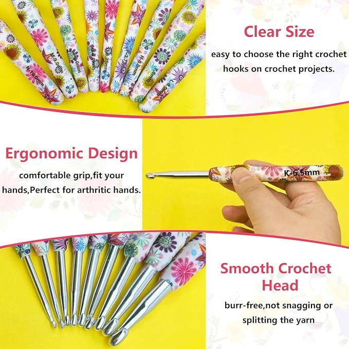 14 Sizes Crochet Hooks Set,2.25mm(B)-10mm(N) Ergonomic Handle Crochet Hook for Arthritic Hands,Long Crochet Needles Set with Case for Beginners and Enthusiasts