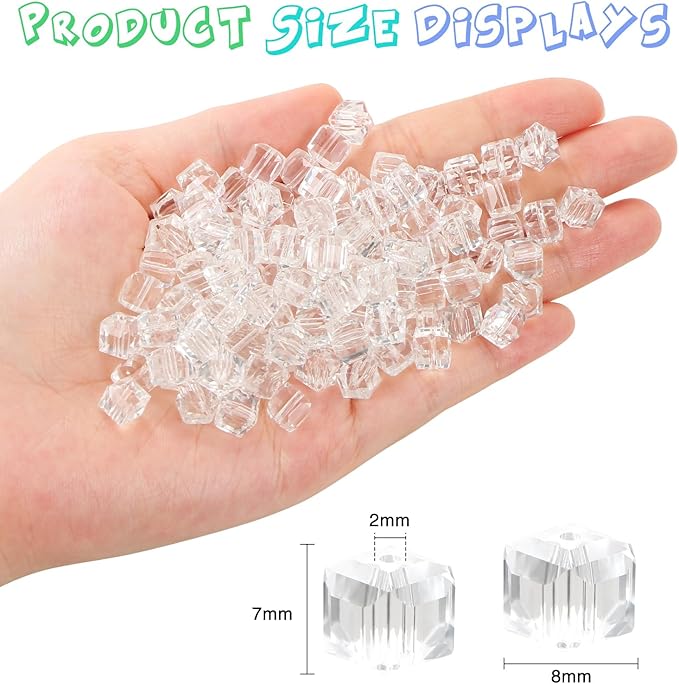 100 Pcs 8mm Cube Crystal Glass Beads for Jewelry Making, Square Crystal Beads with Box, Crystal Spacer Beads for DIY Craft Bracelets Charms Wind Chimes (Transparent)