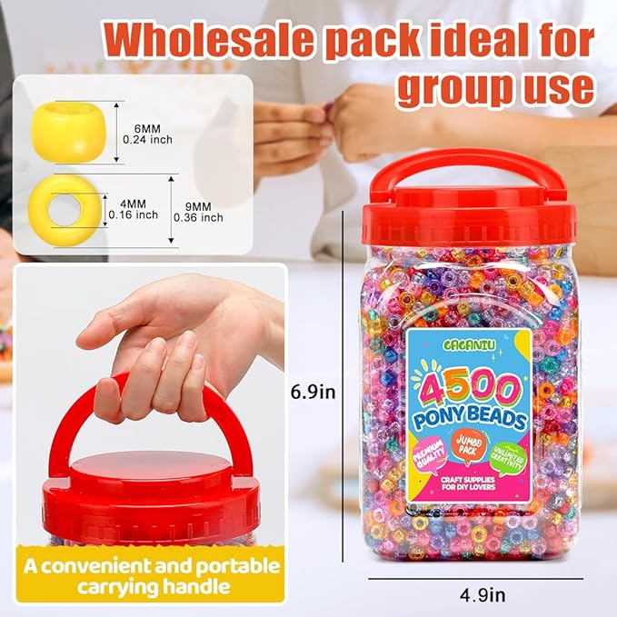 orange glitter pony beads 2.5 lb bulk – 4500+ 6x9mm plastic kandi beads in handle bucket for craft supplies, jewelry making, bracelets, hair braiding & diy projects