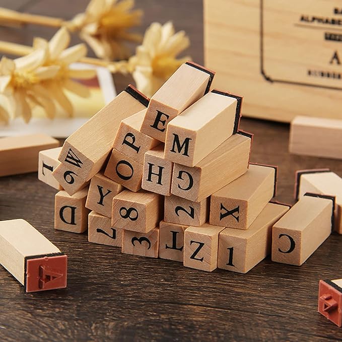 Pack of 36 Pcs Small Wooden Rubber Stamps 0.2 Inch of Letter and Number for DIY Craft Card and Photo Album (A)