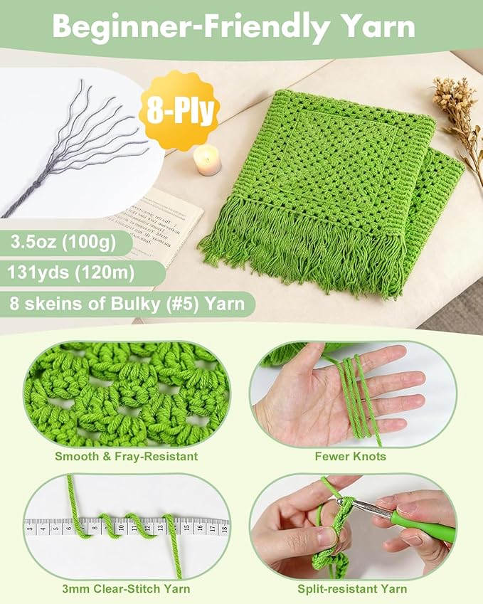 Arborthread Crochet Kit for Beginners, Easy Pocket Shawl & Scarf Crochet Kit for Adults w/Ample Premium Yarn to Fit Different Sizes, Step-by-Step Video & Instructions, Green