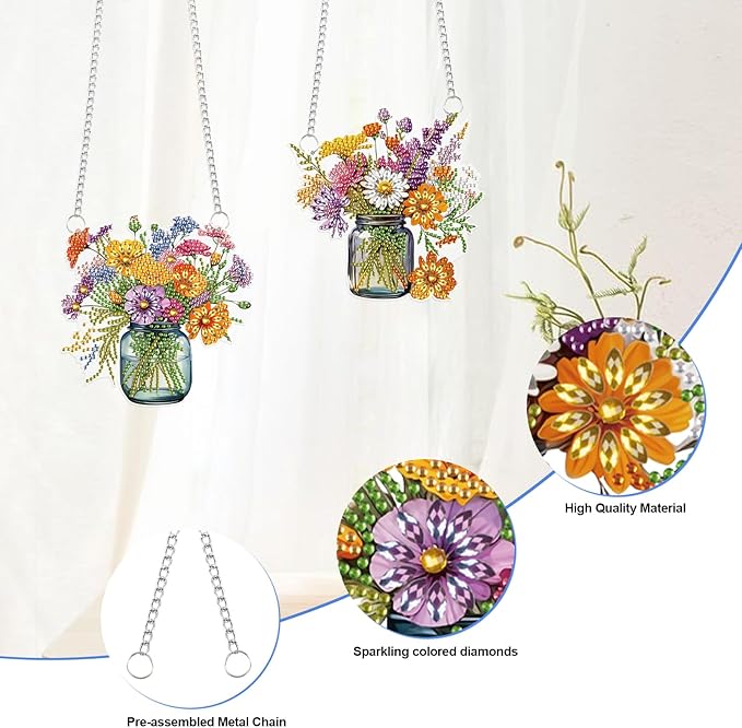 2 Pcs 5D DIY Diamond Painting Hanging Ornaments, Floral Bouquet Jar Design, Special Shaped Acrylic Diamond Art Suncatchers for Window or Wall Decor