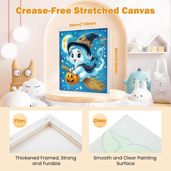 Bowetile 4 Pack Halloween Framed Paint by Numbers for Adults, Ghost Paint by Numbers for Kids Ages 8-12 on Canvas, Easy Acrylic Cartoon Number Painting Halloween Gifts for Home Wall Decor, 8x8in