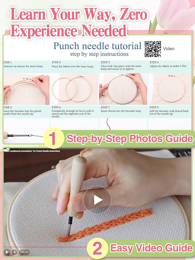 Punch Needle Kit Adults Beginner- Step-by-Step Guide & Video, Including Punch Needle Fabric with Pattern/Hoop/Needle/Yarns, Spring Embroidery Craft Kits, Easy Hobby Gifts for Women, Tulip