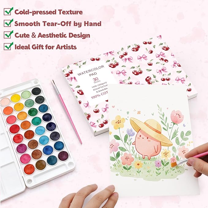 30 Sheets Watercolor Paper Pad with 2 Pcs Watercolor Brush, 140lb/300GSM Water Color Paper 8.3inx5.8in, Cold Pressed Tearable Water Color Sketchbook for Painting
