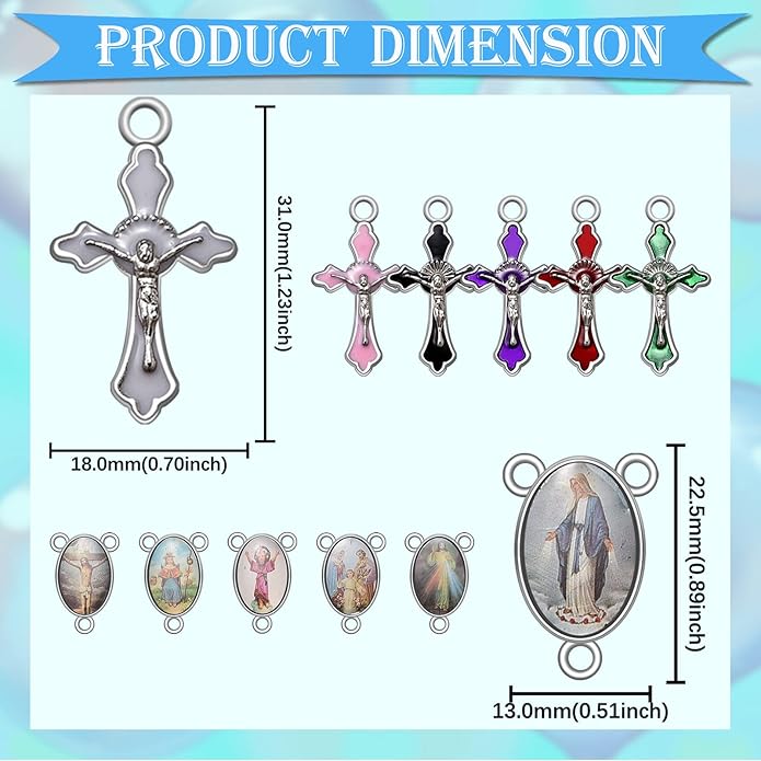 60Pcs/30Set Rosary Making Kits Supplies Religion Cross and Center Medal Charms Alloy Picture Jesus Enamel Pendant for Diy Prayer Necklace Jewelry