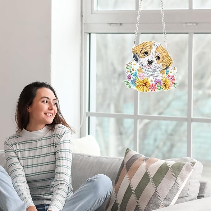 AiYuanzsh DIY Dog Diamond Art Hanging Kit, Floral Special-Shaped Acrylic Rhinestone Diamond Painting Pendant Ornament for Home, Garden, or Wall Decor Gift
