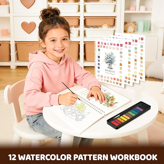 Watercolor Workbook for Beginners - Complete Watercolor Painting Kit with 12 Color Paint Set & Brush | Step-by-Step Art Book for Adults, Hobby Gift for Friends