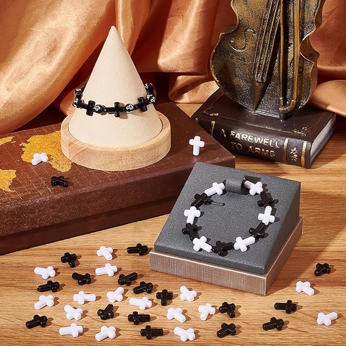 SUNNYCLUE 300Pcs Black Cross Beads White Acrylic Crosses Small Plastic Cross Beads Bulk Mini Tiny Charms Crucifix Loose Spacers for Jewelry Making Kit Adult Women Easter Decoration