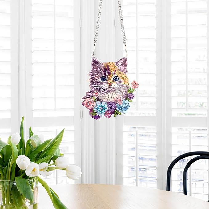 Cat Diamond Painting Hanging Kit, DIY Crystal Acrylic Sun Catcher Diamond Art for Adults, 5D Special Shaped Rhinestone Pendant Ornament for Window Wall Decoration, Handmade Gift for Cat Lovers