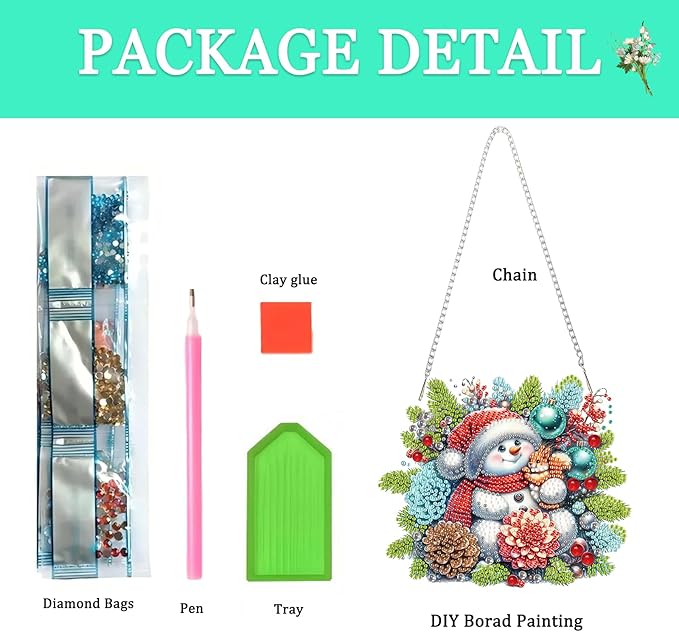 Auremi Snowman Diamond Art Painting Pendant Kits with Chain,5D Christmas Diamond Art Hanging Kit DIY Diamond Crystal Window Door Hanging Pendant Kit for Adults Gift Wall Decor