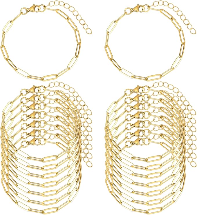 KEIAOUE 16 Pack Charm Bracelet Chain Bulk Gold Plated Stainless Steel Paperclip Chains Bracelets for DIY Jewelry Making