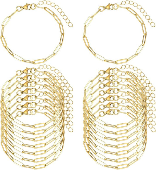 KEIAOUE 16 Pack Charm Bracelet Chain Bulk Gold Plated Stainless Steel Paperclip Chains Bracelets for DIY Jewelry Making