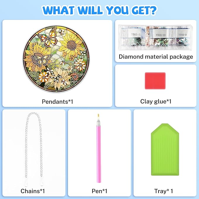 Bowetile Sunflower Diamond Art Hanging Kits for Adults, 5D Special Shape Diamond Painting Butterfly Pendant Kits, Animal Gem Art Suncatchers Painting Ornament for Home Garden Wall Decor