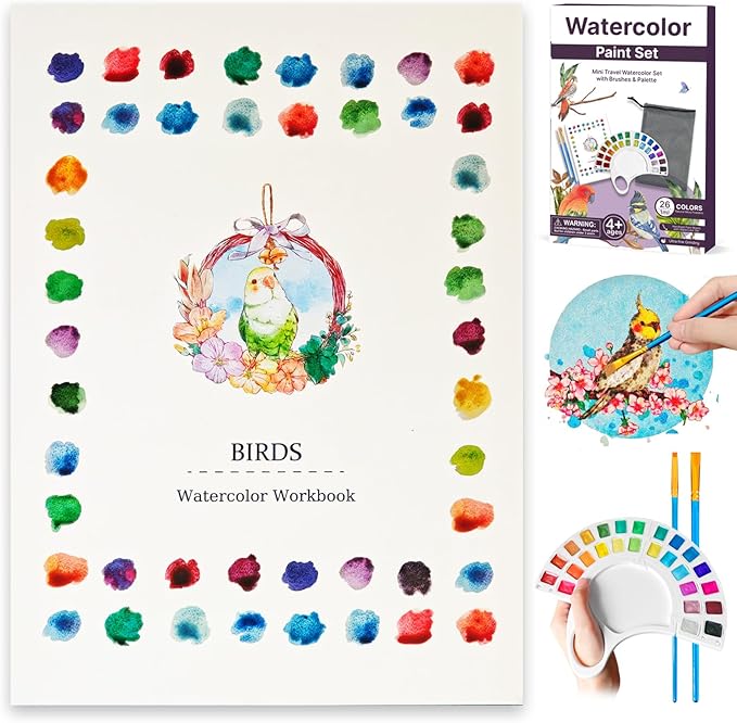 Watercolor Workbook, Water Coloring Book with 13 Pages 300GSM Paper, 26 Colors Watercolor Paint Set with Brush & Storage Bag, Beginner-Friendly Coloring Book for Adults - Birds Theme Art Kit