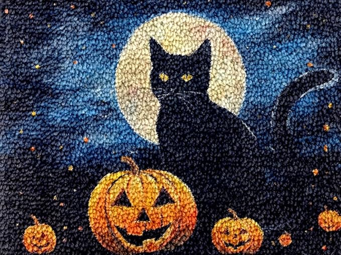 Generic Halloween Cat & Pumpkin Latch Hook Kits Rug DIY Cushion Tapestry Making Crochet Hook Mat Making Kits Color Preprinted Pattern Canvas DIY Carpet Needlework Crochet Kits 52x38cm (d99-87)