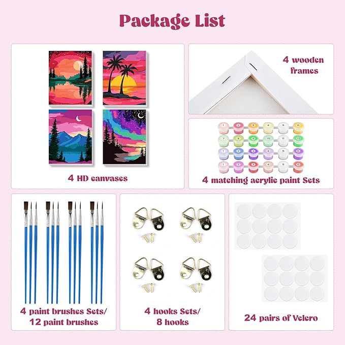 MXJSUA 4 Pack Moonlight Mountain Lake Framed Paint by Numbers Kit with Canvas for Adults Beginner, DIY Acrylic Oil Painting Kits with Brushes for Home Wall Decor Gift (8x10 inch)