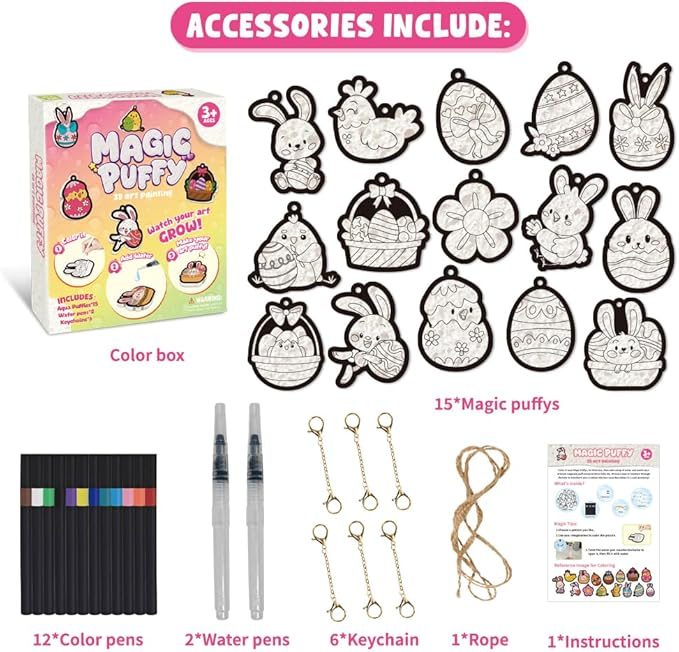 MZYTOZA Magic Foam Texture Painting Kit - 3D Art Craft Aqua Magic Puffs Paint Kit, 15 Mess-Free Paint by Number Craft for Kids (Double-Sided Aqua Magic Puffs Easter Bunny)