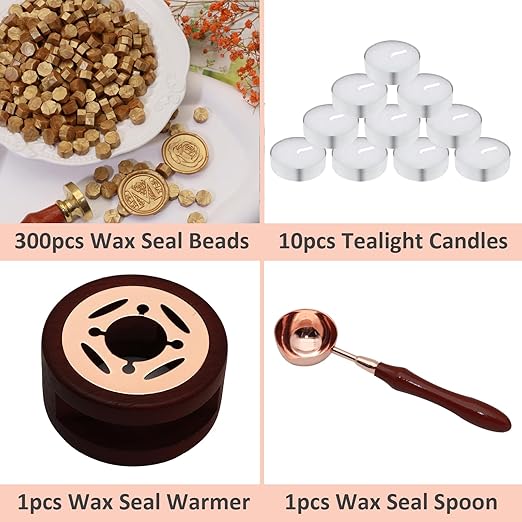 Wax Seal Beads Kit - 300pcs Royal Gold Sealing Wax Beads with Wood Melting Warmer, Spoon & 10 Mini Candles for Stamp Seals, Wedding Invitation, Envelope, Cards, Gift Wrapping Decorations