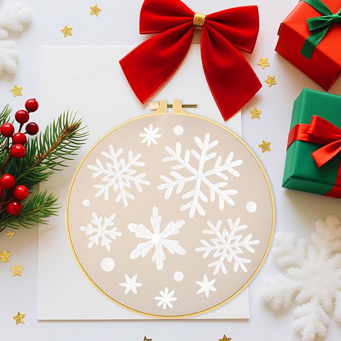 ORIGACH 8 Pcs Snowflakes Embroidery Kit for Beginners, Christmas Stamped Design Embroidery Starter Kit Includes Cloth, Hoops, Threads & Needles