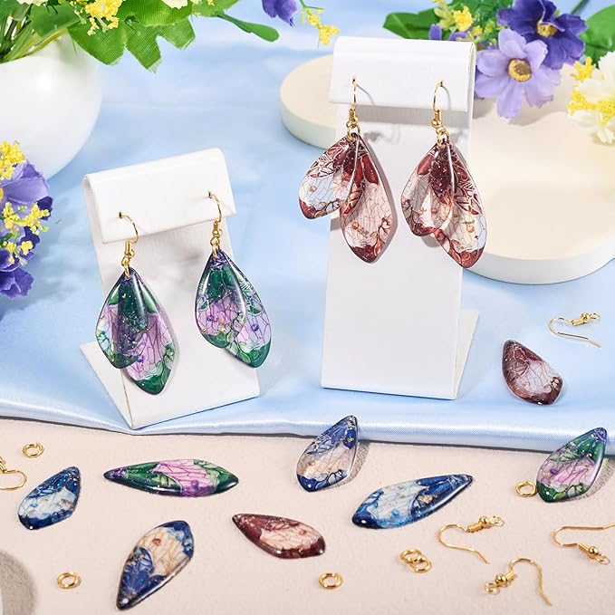 FASHEWELRY 16Pcs Resin Fairy Wing Earring Charms Blue Green Red Butterfly Wing Pendants Flower Print Feather Charms with Jump Rings Earrings Hooks for DIY Earring Jewelry Making