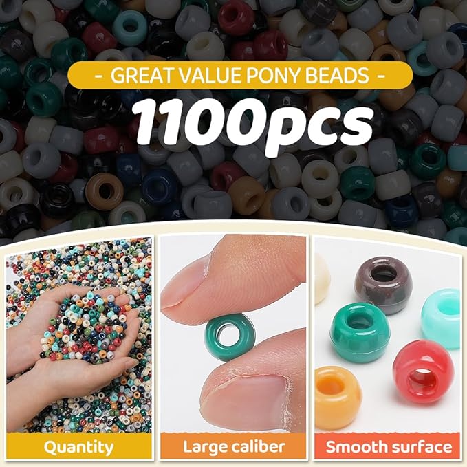 gaganiu pony beads 1100+ pcs – earth tone plastic kandi beads in jar for bracelets, hair braids, jewelry making & diy crafts