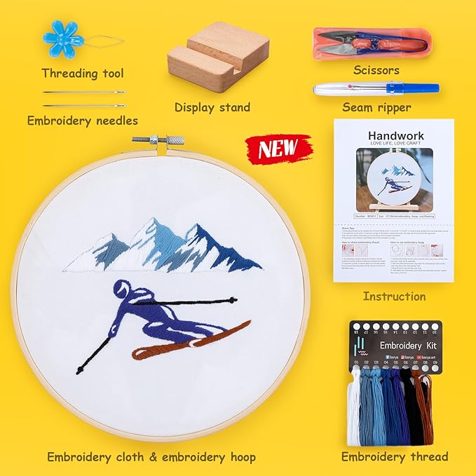 Embroidery Kit for Adult Beginners,Skiers Snow Mountain Embroidery Kit with Step-by-Step Instructions & Video,Printed Cloth,7.87" Hoop,Display Stand,Color Threads and Tools for Craft Lover(BES012)