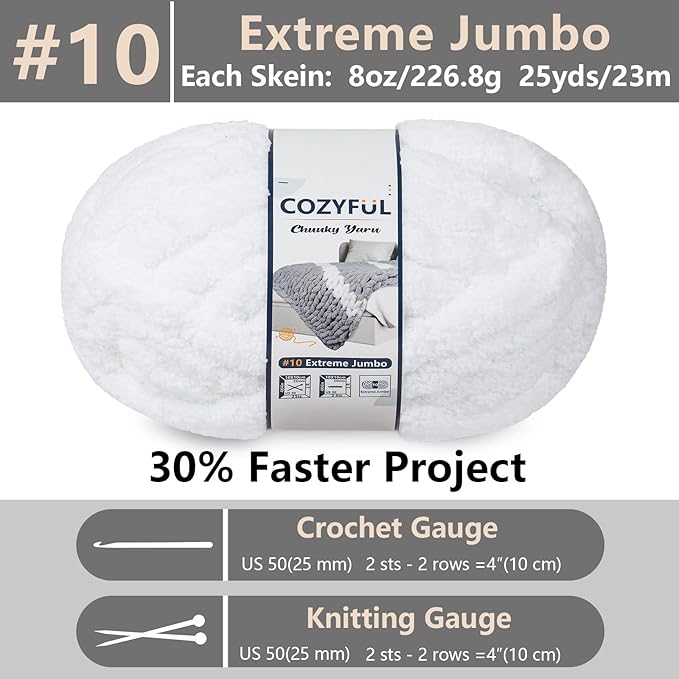 Chunky Yarn for Hand Knitting - #10 Chunky Chenille Yarn, Jumbo Big Thick Chunky Yarns for Crocheting, Super Bulky Chunky Knit Blanket Yarns, 8 Skein (25 yds 8 oz Each Skein), Pure White