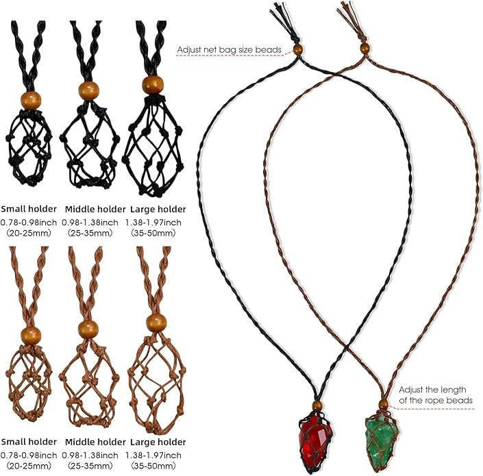 6 Pieces D20 Adjustable Necklace Cord Empty Stone Holder, Hand-Braided Crystal Holder for DIY Jewelry Making, Fits Natural Stones Quartz Beads Pendants, Wax Rope with Adjustable Knot