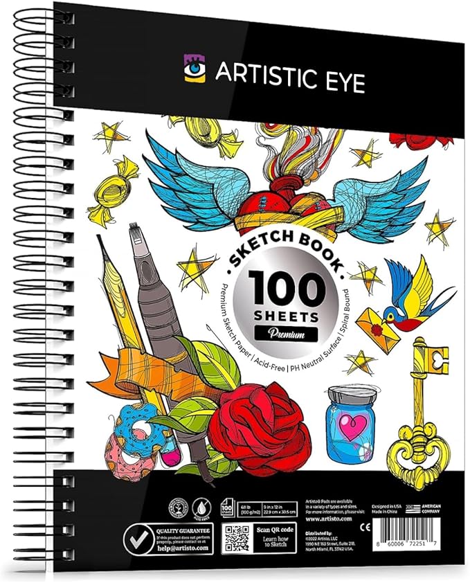 artistic eye 9x12 premium sketch book set, 100 sheets, spiral bound, 68lb (100gsm), acid-free drawing paper, ideal for beginners, artists & professionals (set of 1)