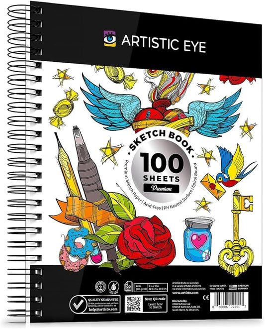 artistic eye 9x12 premium sketch book set, 100 sheets, spiral bound, 68lb (100gsm), acid-free drawing paper, ideal for beginners, artists & professionals (set of 1)