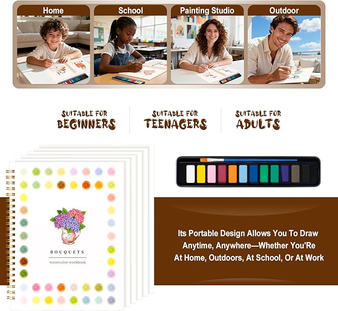 Watercolor Workbook for Adults, Beginner Friendly Watercolor Painting Kit Bouquet Water Coloring Book, Nature-Themed Practice Art Gift Water Color Paint Book with Palette and Brush
