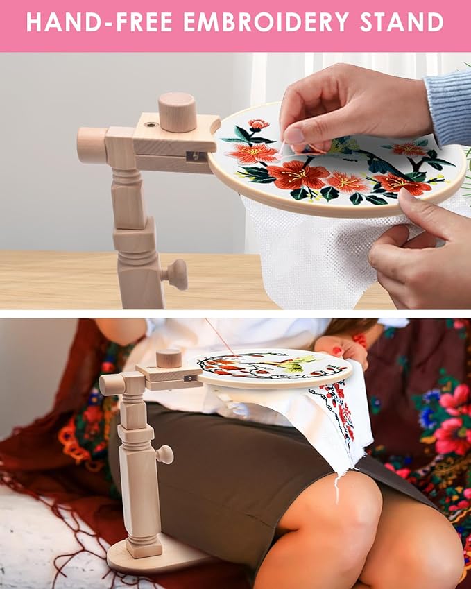 tindtop beech wood embroidery hoop stand, with 3pcs embroidery hoops (3inch + 6inch + 8inch), adjustable rotated wooden embroidery hoop holder for cross stitch and embroidery projects