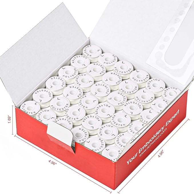 Poolin Prewound Bobbins, Richword Selected White Cardboard Sided 144pcs Size L(SA155), 70D/2(60WT) Polyester Bobbin Thread for Commercial Multi Needles Embroidery Machine, 120 Yards