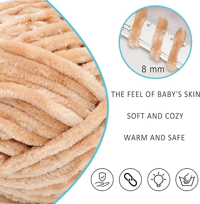 Velvet Yarn Chenille Yarn for Crocheting and Knitting Soft Chenille Bulky Baby Blanket Yarn DIY Weaving Craft 8pack Camel(4oz 66yds Each)