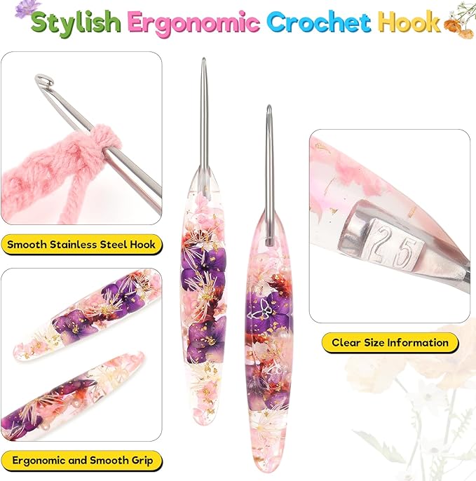 Katech 2.5mm Crochet Hook for Arthritic Hands, Hand-Polished Stainless Steel Ergonomic Crochet Hooks with Customized Sparkle Dried Floral Grip, Soft Tapered Hook-Crochet Gift for Beginner & Crocheter
