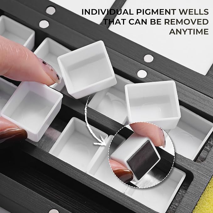 Fuumuui Watercolor Palette Box, Black Wood Palette Kit with Cover, 24 Empty Removable Half-pan Grids, Dual Tip Travel Brushes, for Watercolor Gouache Color Mixing, Pure White Palette