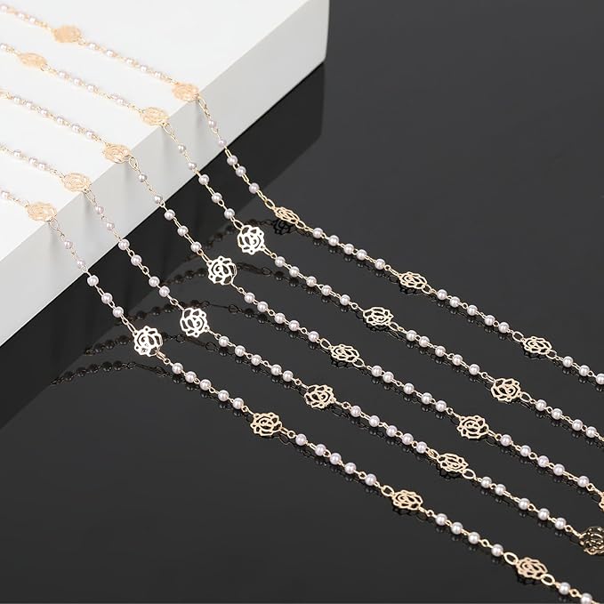 KYUNHOO 16.4 Feet 3MM Faux Pearl Bead Chain for Jewelry Making Rose Flower Link Brass Cable Chains Bulk with Clasps for Handcraft DIY Finding Supplies