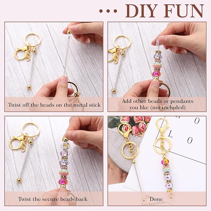 Tondiamo 24 Pcs Beadable Keychain Bars Bulk Beads for Keychain Making Kit Gifts for Women Men DIY Crafts(Gold)