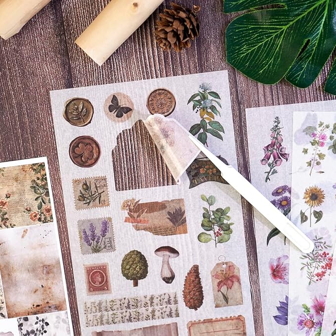 347Pcs Journaling Stickers and 20 Sheets Scrapbook Paper, Vintage Scrapbooking Kit, Plant Flower Butterfly Background Ephemera for Junk Journal Supplies, Planners, Bujo, Collage Art