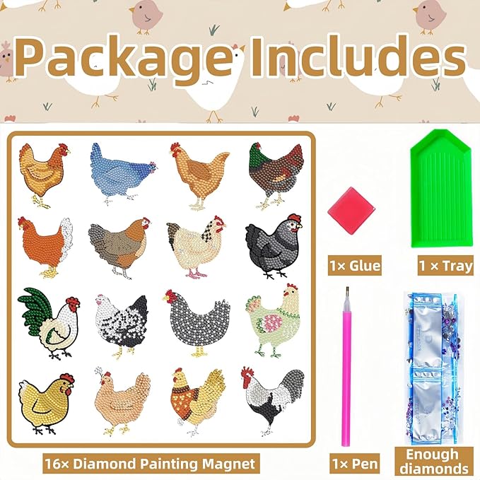 16 Pcs Chicken Diamond Painting Magnets Kits,Diamond Art Fridge Magnet Refrigerator Sticker Diamond Painting kit for Beginners Adults DIY Art Craft Gifts Home Decors (Chicken)