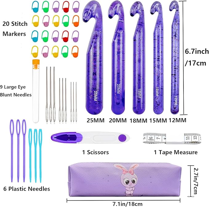 43 Pcs Large Crochet Hooks Set,12mm 15mm 18mm 20mm 25mm Large Crochet Hooks for Chunky Yarn,Plastic Crystal Smooth Big Crochet Needles for Handmade DIY Crochet with Storage Bag